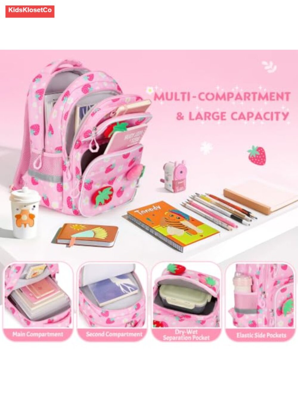 3D Plush Strawberry Backpack Set with Lunch Box & Pencil Case for Girls School - Picture 3 of 5
